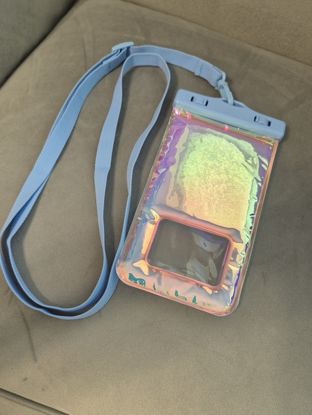Waterproof Holographic Phone Pouch with Blue Neck Strap
